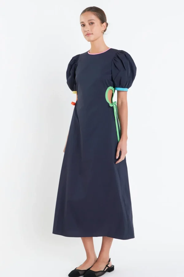 ENGLISH FACTORY Puff Sleeve | Tops*- Navy Color Block Midi Dress
