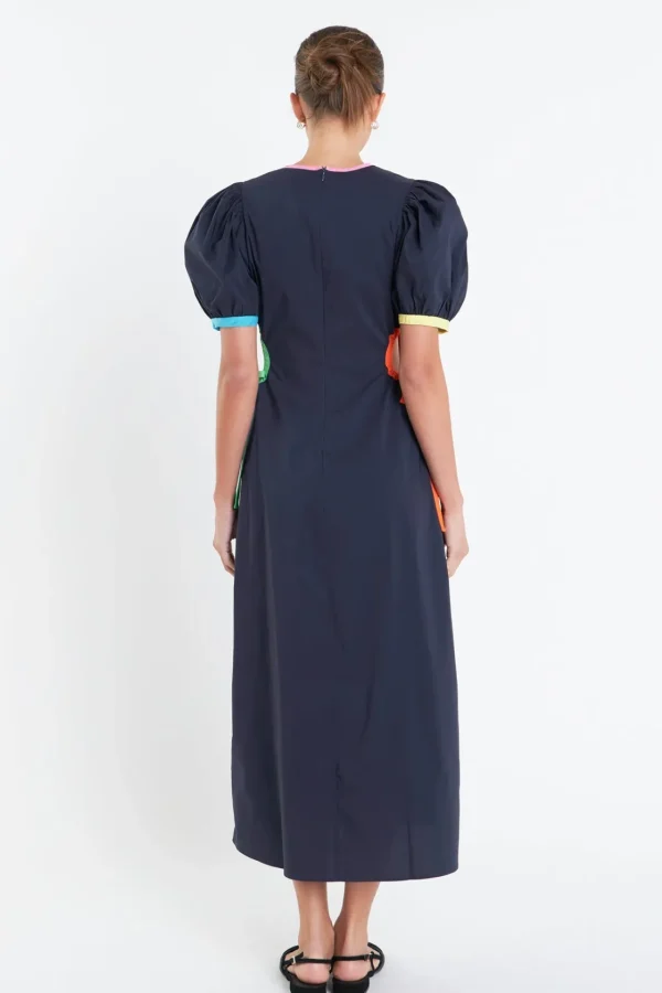 ENGLISH FACTORY Puff Sleeve | Tops*- Navy Color Block Midi Dress