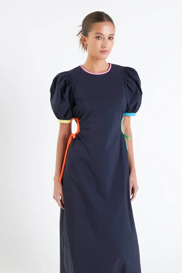 ENGLISH FACTORY Puff Sleeve | Tops*- Navy Color Block Midi Dress