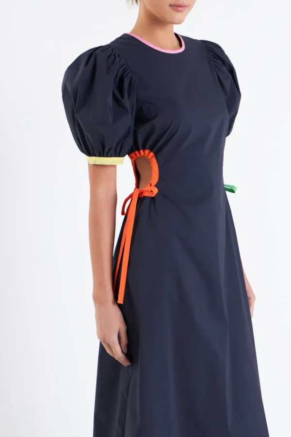 ENGLISH FACTORY Puff Sleeve | Tops*- Navy Color Block Midi Dress