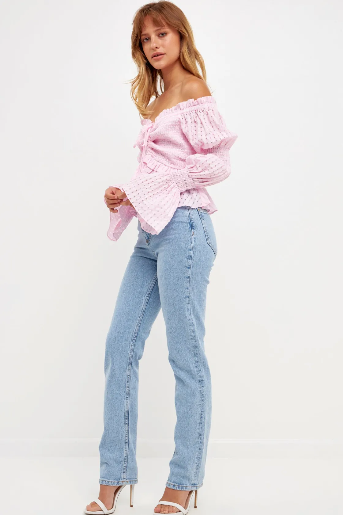 english_factory__off_the__1.webp ENGLISH FACTORY Tops*- Off the Shoulder Smocked Top PINK
