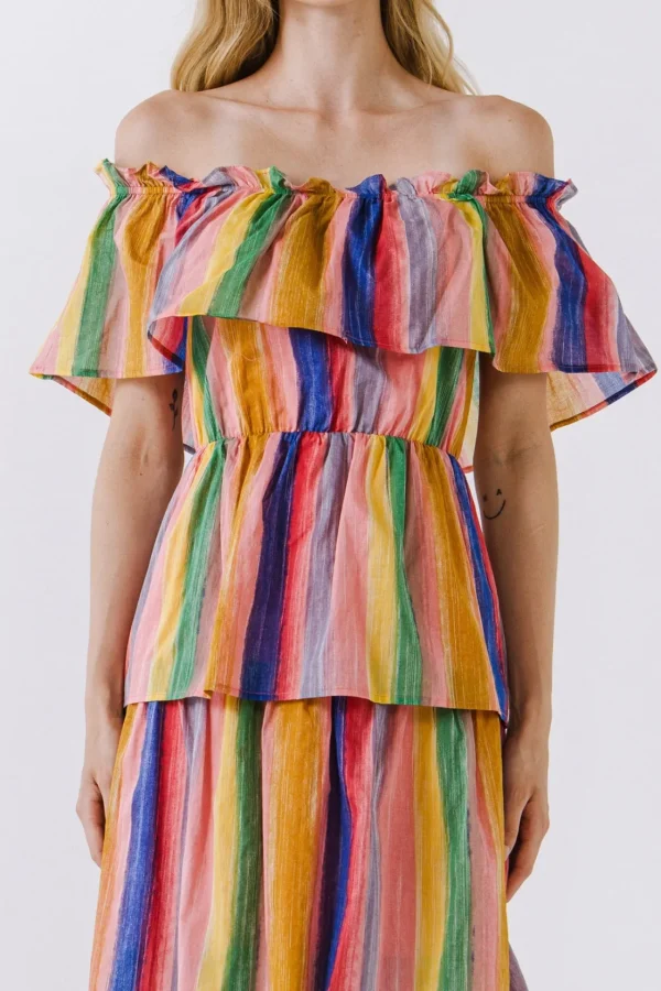 ENGLISH FACTORY Tops*- Off-The-Shoulder Multi Striped Dress PINKMULTI