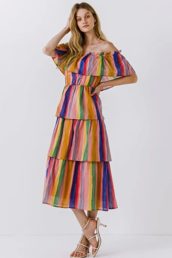 ENGLISH FACTORY Tops*- Off-The-Shoulder Multi Striped Dress PINKMULTI
