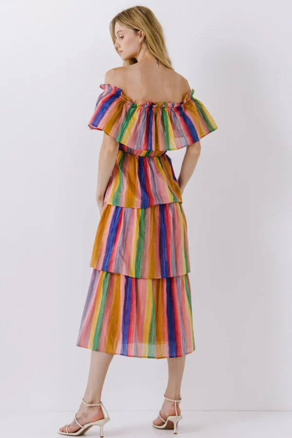 ENGLISH FACTORY Tops*- Off-The-Shoulder Multi Striped Dress PINKMULTI
