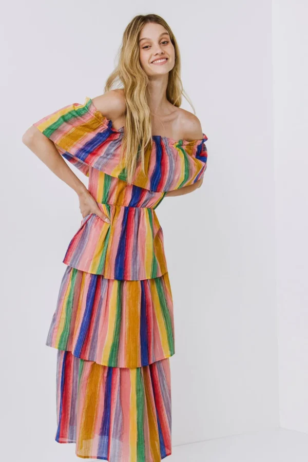 ENGLISH FACTORY Tops*- Off-The-Shoulder Multi Striped Dress PINKMULTI