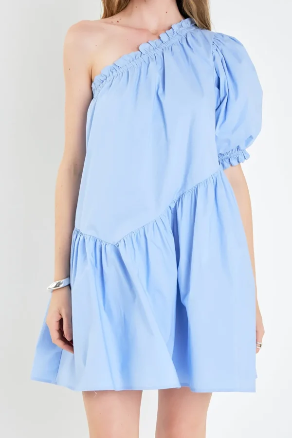 ENGLISH FACTORY Puff Sleeve | Tops*- One Shoulder Mini Dress POWDERBLUE