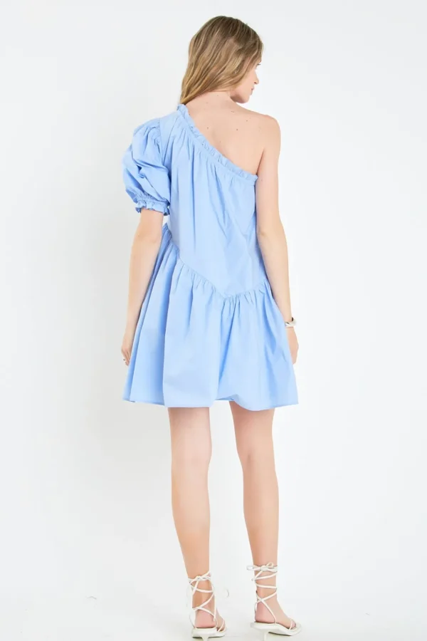 ENGLISH FACTORY Puff Sleeve | Tops*- One Shoulder Mini Dress POWDERBLUE