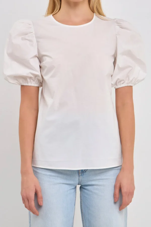 ENGLISH FACTORY Tops*- Open Back Bow Detail Top with Puff Sleeves WHITE