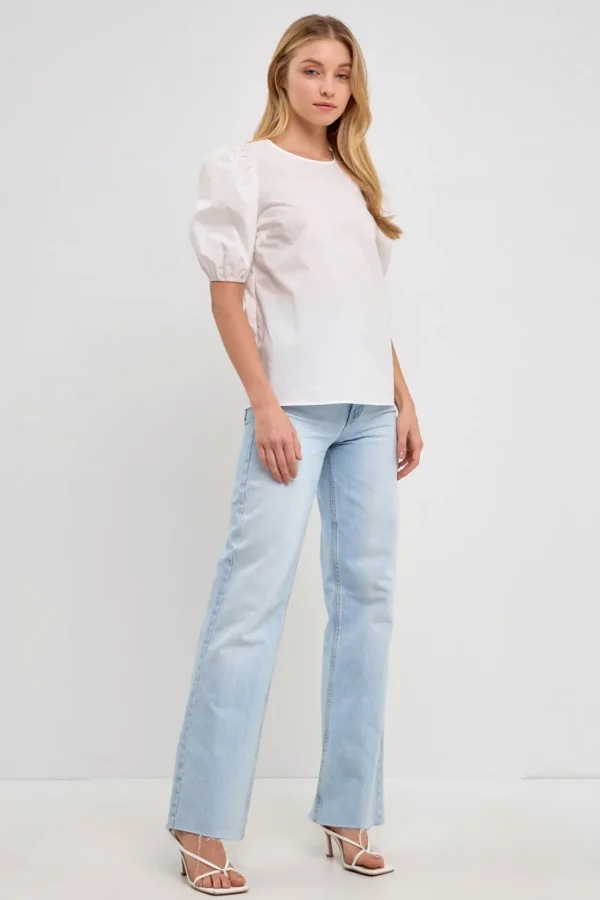 ENGLISH FACTORY Tops*- Open Back Bow Detail Top with Puff Sleeves WHITE