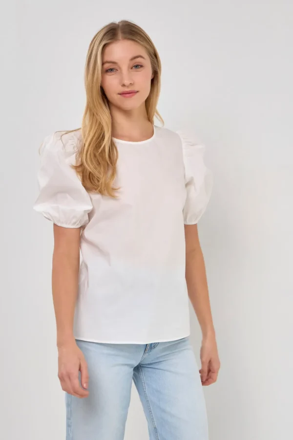 ENGLISH FACTORY Tops*- Open Back Bow Detail Top with Puff Sleeves WHITE