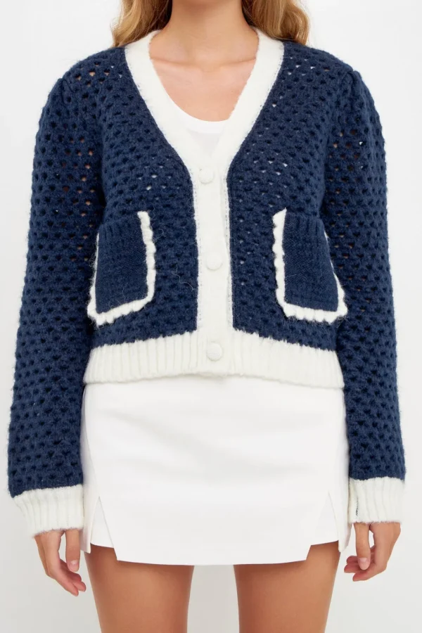 ENGLISH FACTORY Sweaters & Knits*- Open Weave Cardigan NAVYWHITE