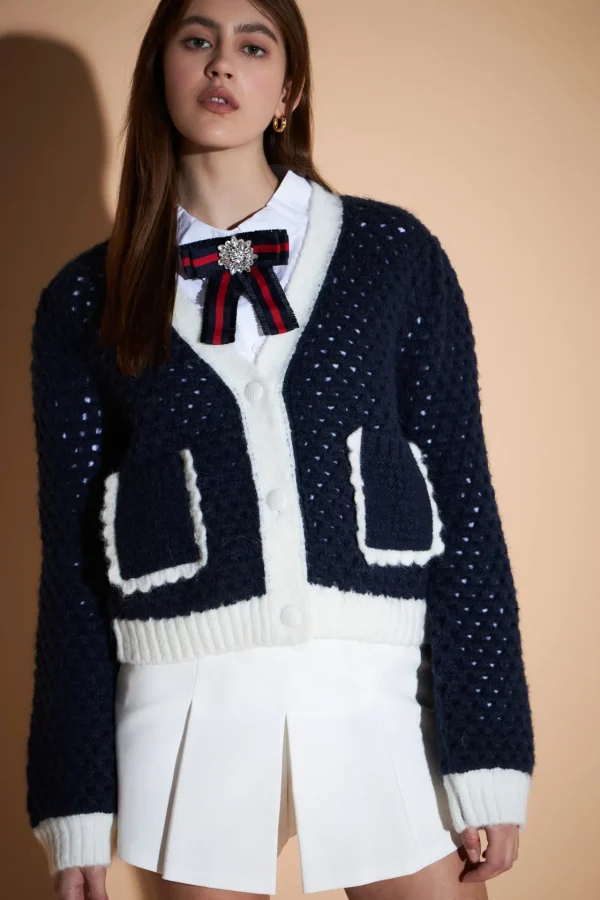 ENGLISH FACTORY Sweaters & Knits*- Open Weave Cardigan NAVYWHITE