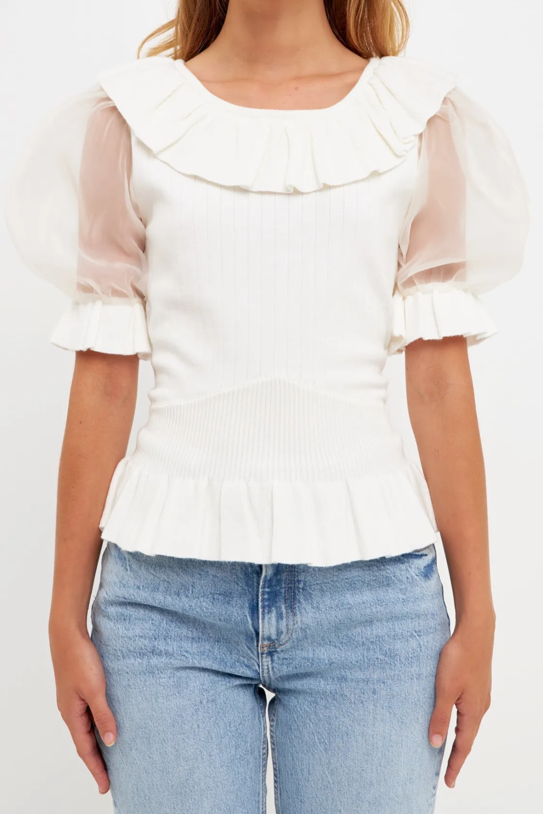 english_factory__organza__0-1.webp ENGLISH FACTORY Sweaters & Knits | Tops*- Organza Puff Sleeve Knit Top with Ruffled Neck IVORY