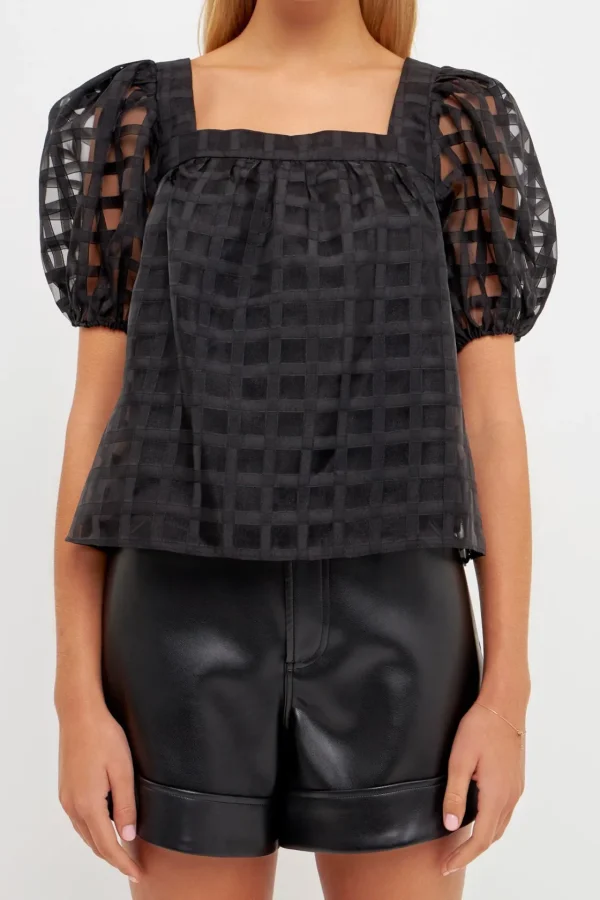 ENGLISH FACTORY Tops*- Organza Gridded Square Neck Crop Top