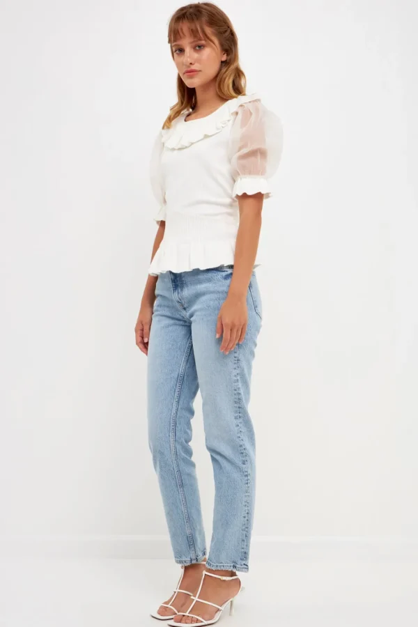 ENGLISH FACTORY Sweaters & Knits | Tops*- Organza Puff Sleeve Knit Top with Ruffled Neck IVORY