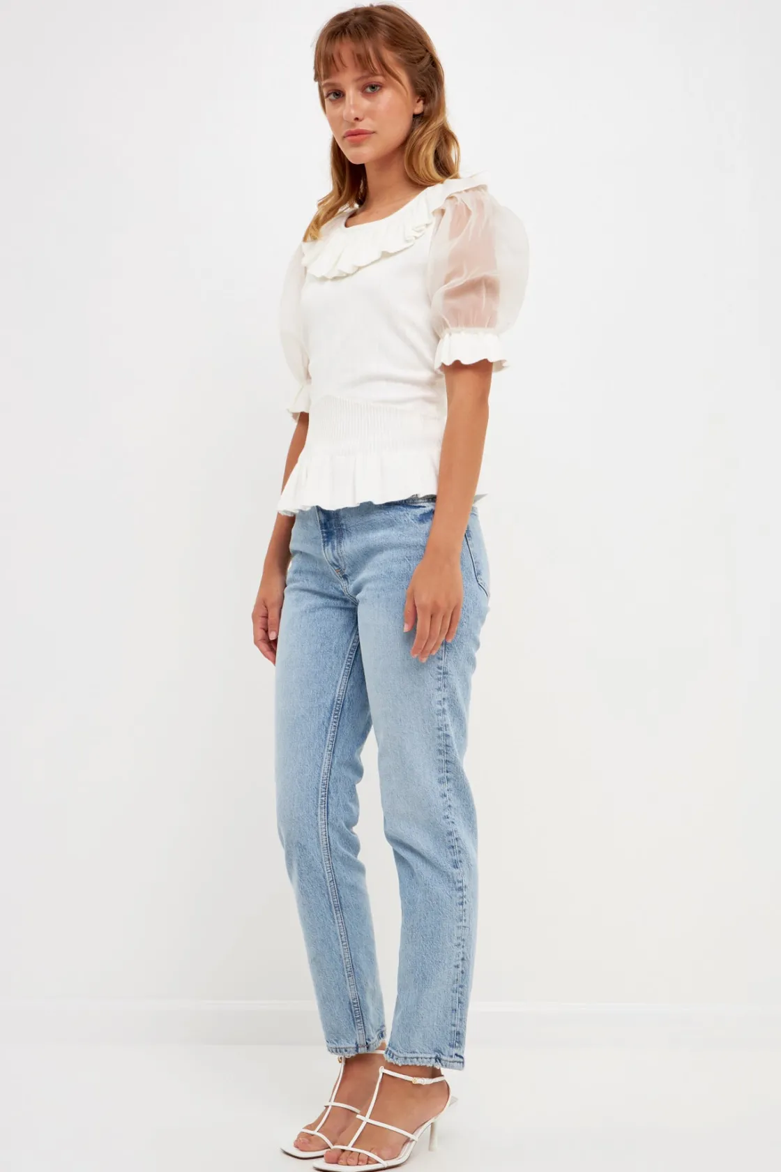 english_factory__organza__1-1.webp ENGLISH FACTORY Sweaters & Knits | Tops*- Organza Puff Sleeve Knit Top with Ruffled Neck IVORY