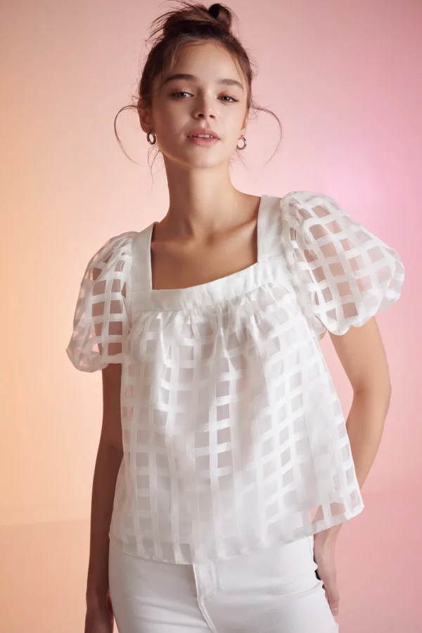 ENGLISH FACTORY Tops*- Organza Gridded Square Neck Crop Top