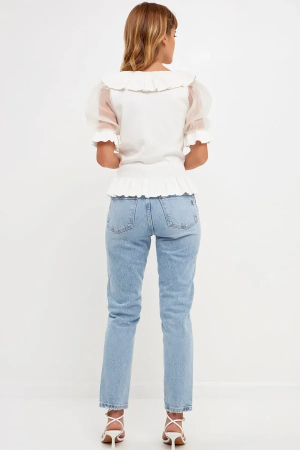 ENGLISH FACTORY Sweaters & Knits | Tops*- Organza Puff Sleeve Knit Top with Ruffled Neck IVORY