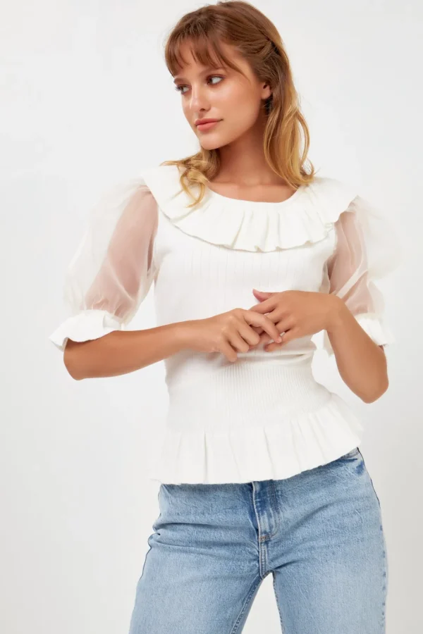 ENGLISH FACTORY Sweaters & Knits | Tops*- Organza Puff Sleeve Knit Top with Ruffled Neck IVORY