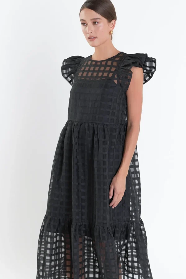 ENGLISH FACTORY Organza | Tops*- Organza Midi Dress BLACK