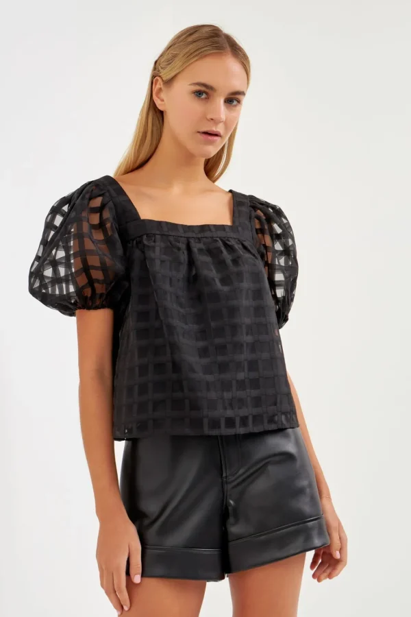 ENGLISH FACTORY Tops*- Organza Gridded Square Neck Crop Top