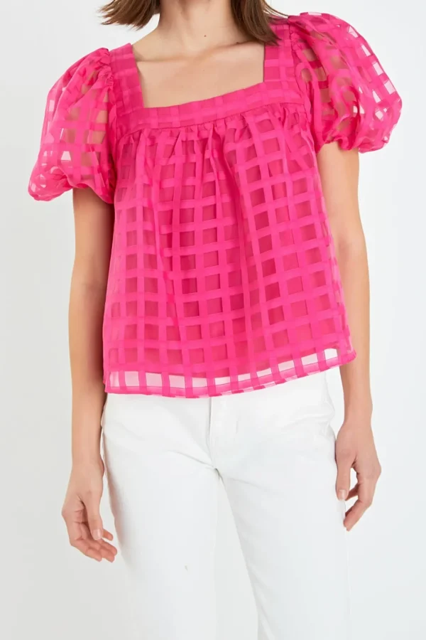 ENGLISH FACTORY Tops*- Organza Gridded Square Neck Crop Top
