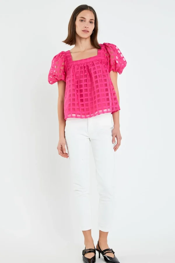 ENGLISH FACTORY Tops*- Organza Gridded Square Neck Crop Top