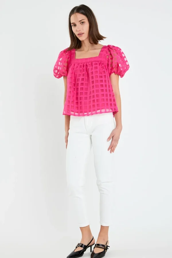 ENGLISH FACTORY Tops*- Organza Gridded Square Neck Crop Top
