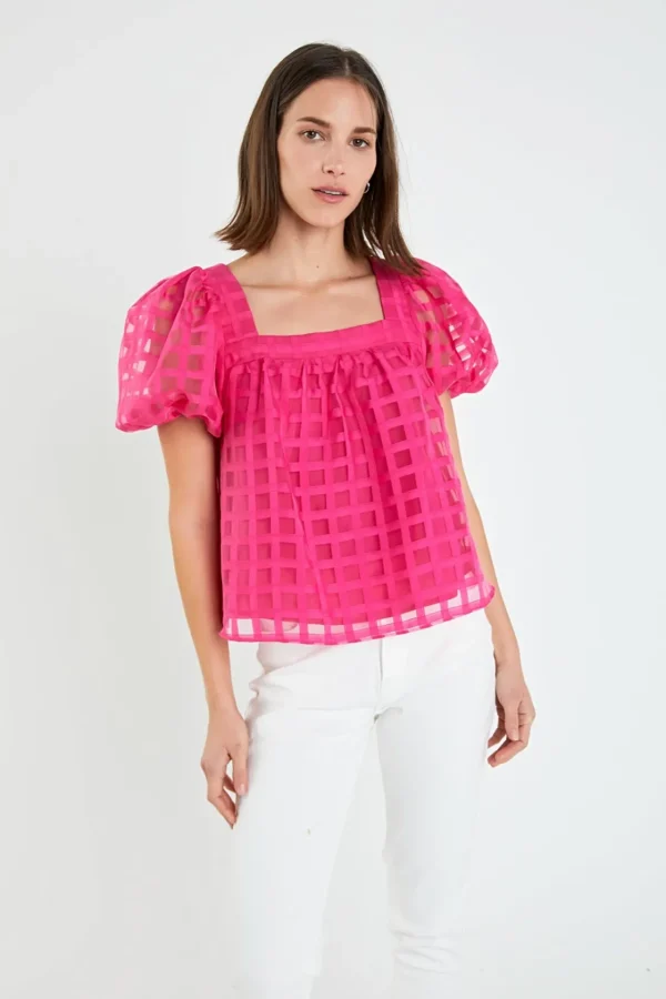 ENGLISH FACTORY Tops*- Organza Gridded Square Neck Crop Top