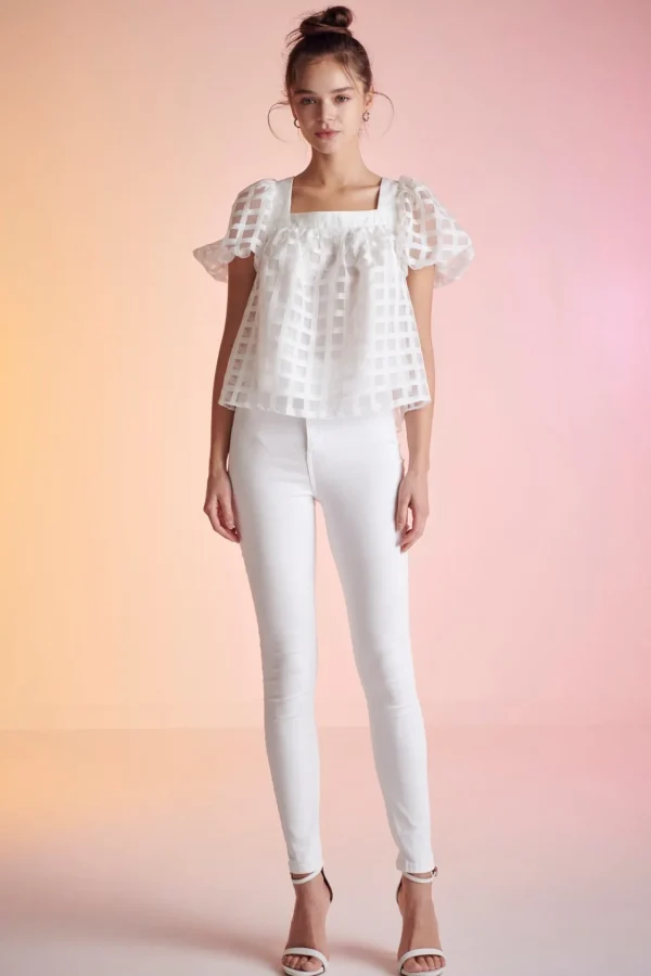 ENGLISH FACTORY Tops*- Organza Gridded Square Neck Crop Top