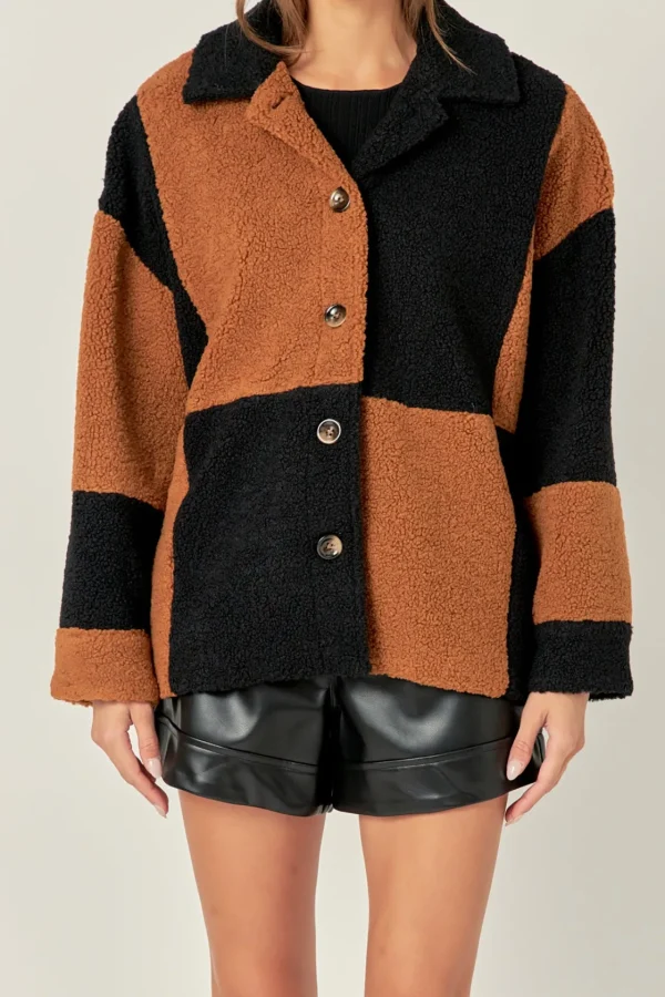ENGLISH FACTORY Jackets & Coats | Tops*- Oversize Teddy Check Jacket BLACK/CAMEL