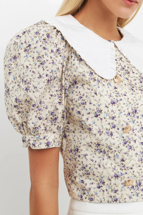 ENGLISH FACTORY Shirts & Blouses | Tops*- Oversized Collar Floral Top IVORYMULTI