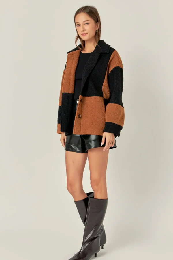 ENGLISH FACTORY Jackets & Coats | Tops*- Oversize Teddy Check Jacket BLACK/CAMEL