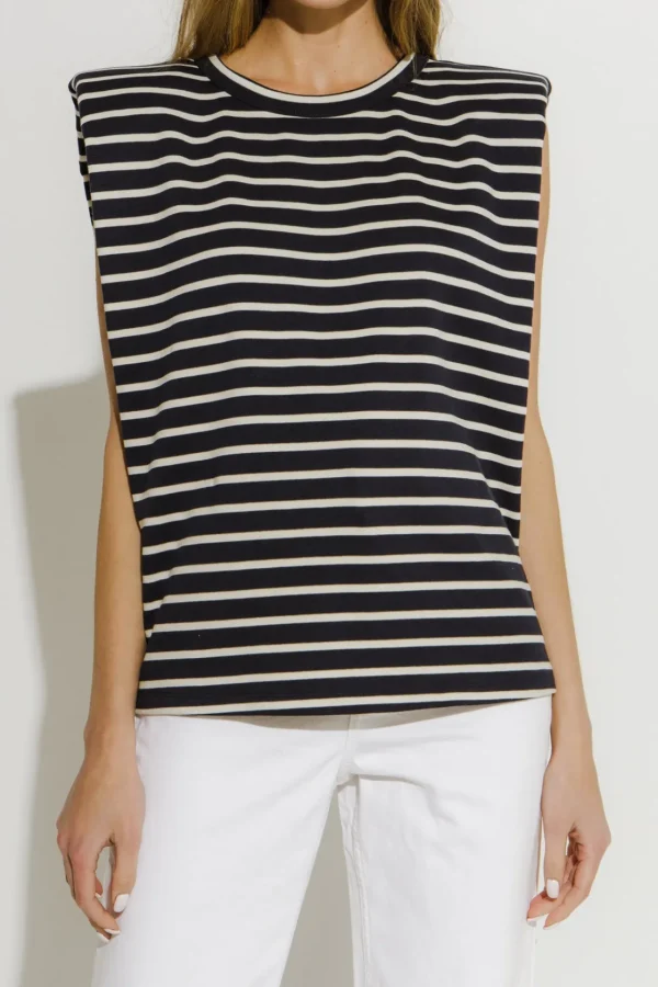 ENGLISH FACTORY Tops*- Padded Shoulder Stripe T-Shirt NAVYWHITESTRIPE