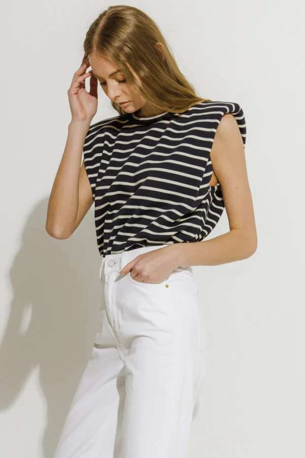 ENGLISH FACTORY Tops*- Padded Shoulder Stripe T-Shirt NAVYWHITESTRIPE