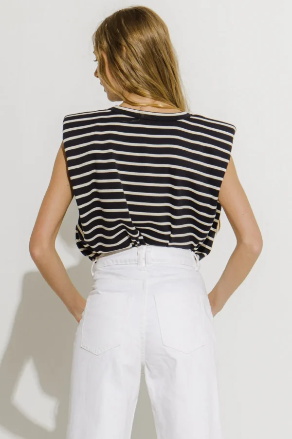 ENGLISH FACTORY Tops*- Padded Shoulder Stripe T-Shirt NAVYWHITESTRIPE