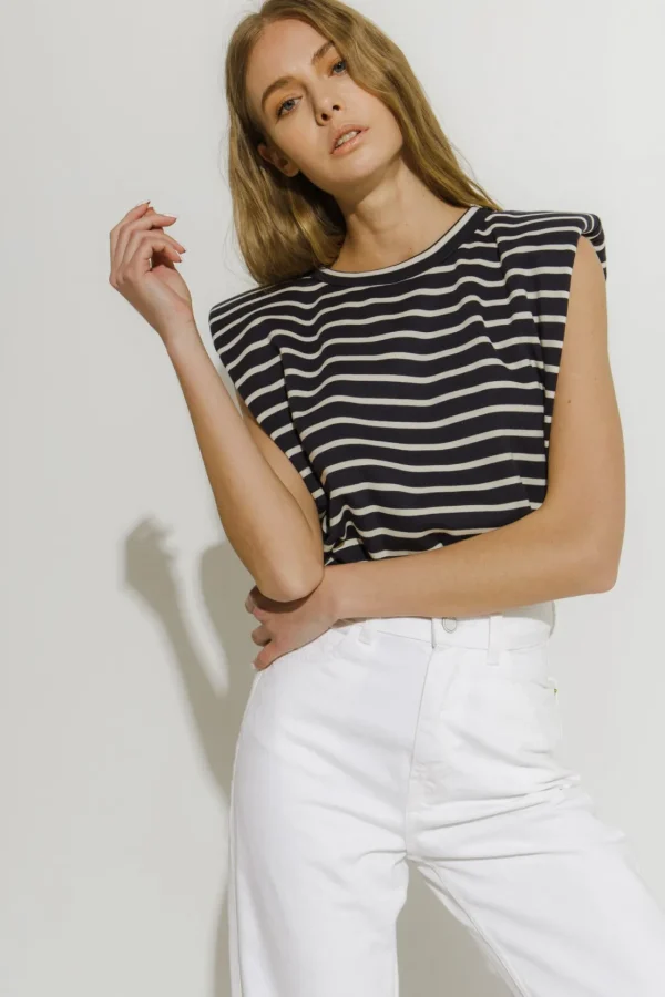 ENGLISH FACTORY Tops*- Padded Shoulder Stripe T-Shirt NAVYWHITESTRIPE