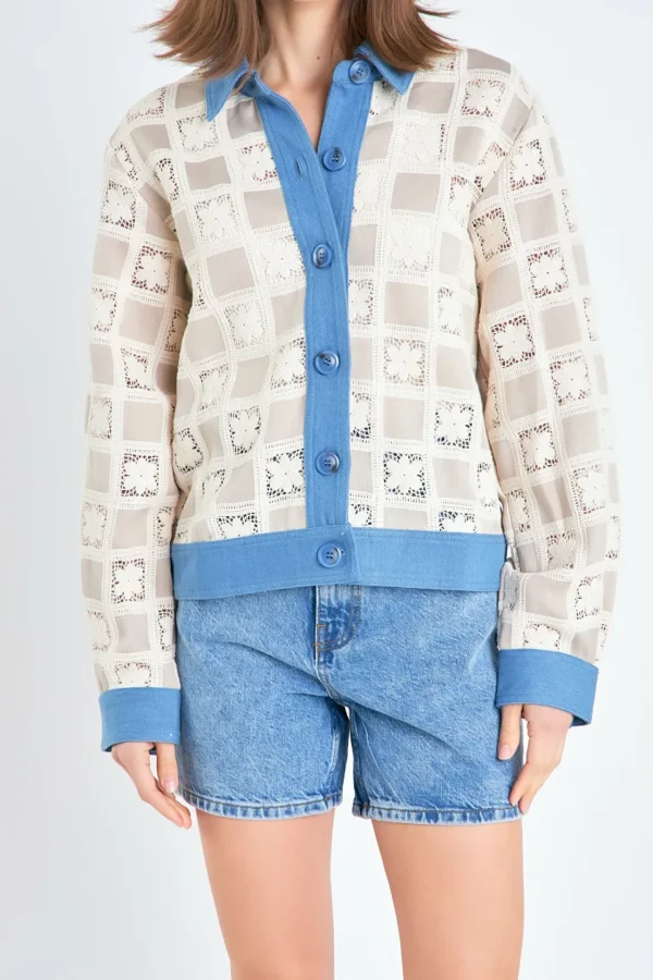 ENGLISH FACTORY Denim | Jackets & Coats*- Patchwork Crochet Denim Combo Jacket BEIGEMULTI