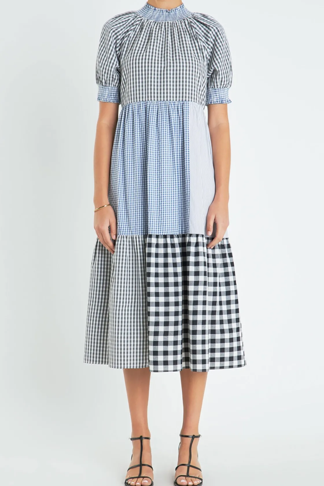 english_factory__patchwor_0.webp ENGLISH FACTORY Tops*- Patchwork Gingham Midi Dress MULTI