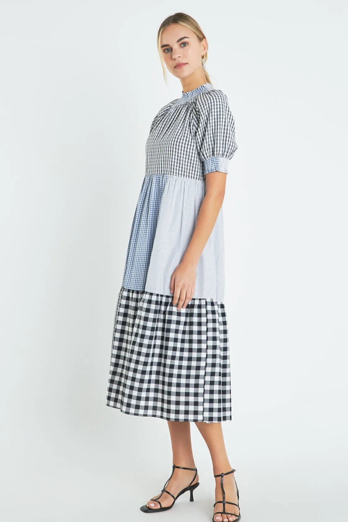english_factory__patchwor_1.webp ENGLISH FACTORY Tops*- Patchwork Gingham Midi Dress MULTI