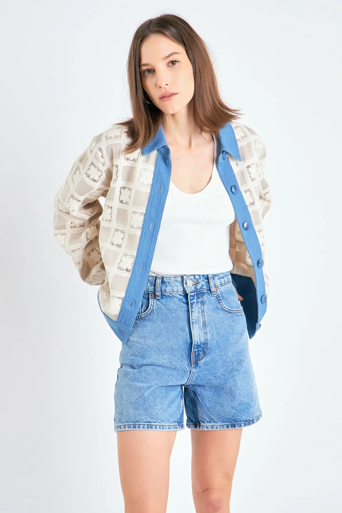 english_factory__patchwor_3-1.webp ENGLISH FACTORY Denim | Jackets & Coats*- Patchwork Crochet Denim Combo Jacket BEIGEMULTI