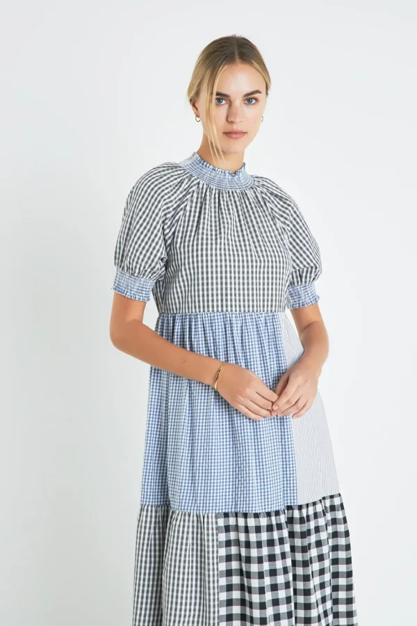 ENGLISH FACTORY Tops*- Patchwork Gingham Midi Dress MULTI