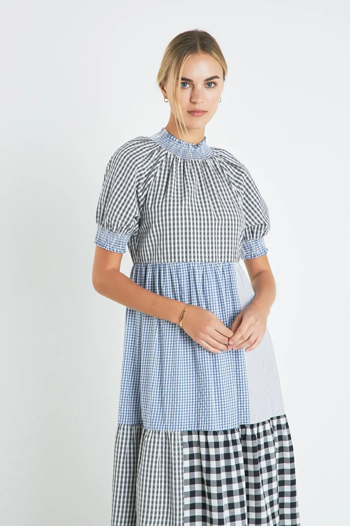 english_factory__patchwor_3.webp ENGLISH FACTORY Tops*- Patchwork Gingham Midi Dress MULTI