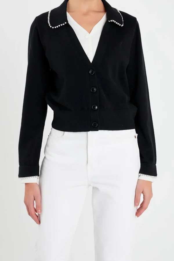 ENGLISH FACTORY Jackets & Coats | Tops*- Pearl Trim Vasity Cardigan BLACK/WHITE