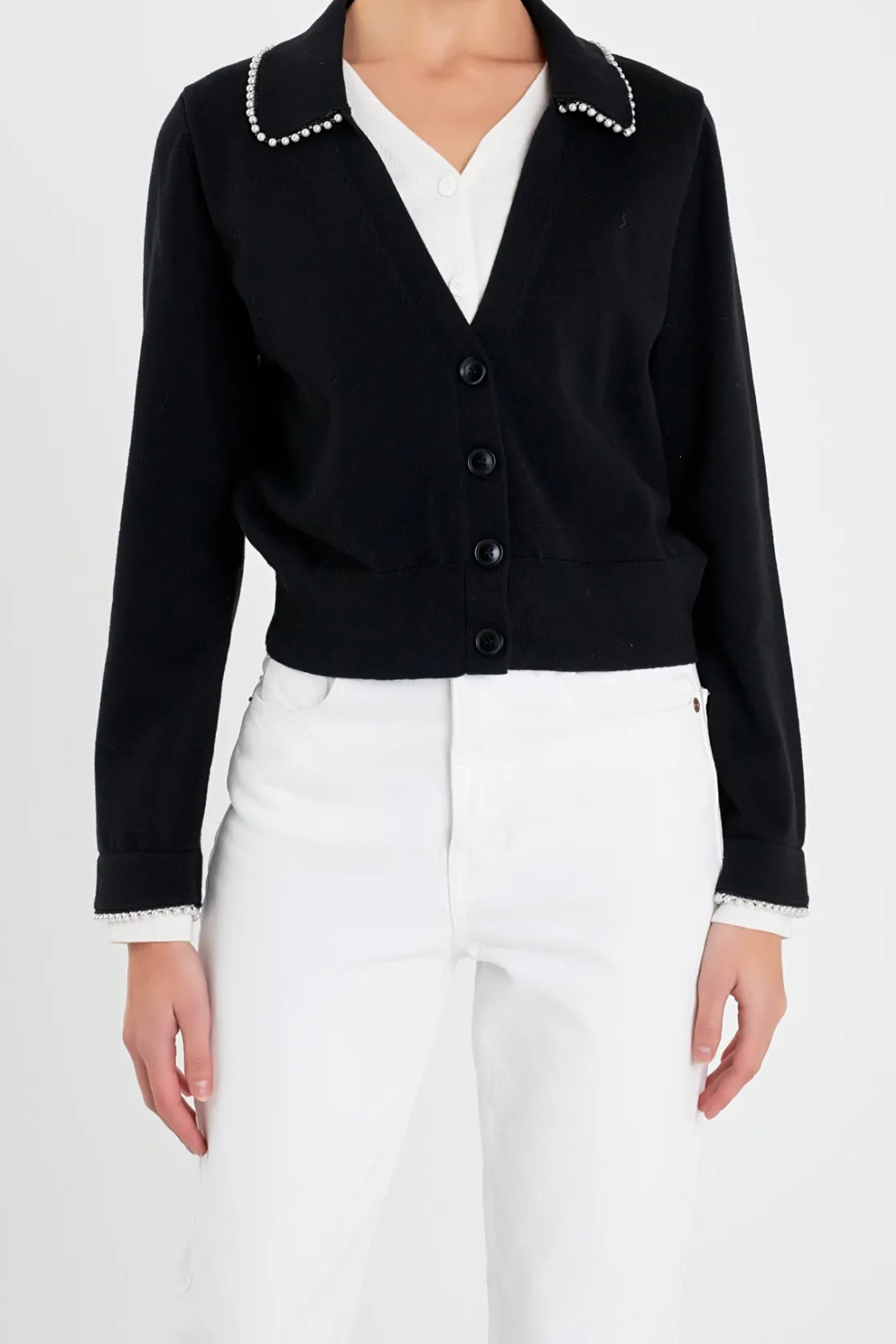 english_factory__pearl_tr_0.webp ENGLISH FACTORY Jackets & Coats | Tops*- Pearl Trim Vasity Cardigan BLACK/WHITE