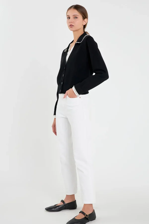 ENGLISH FACTORY Jackets & Coats | Tops*- Pearl Trim Vasity Cardigan BLACK/WHITE