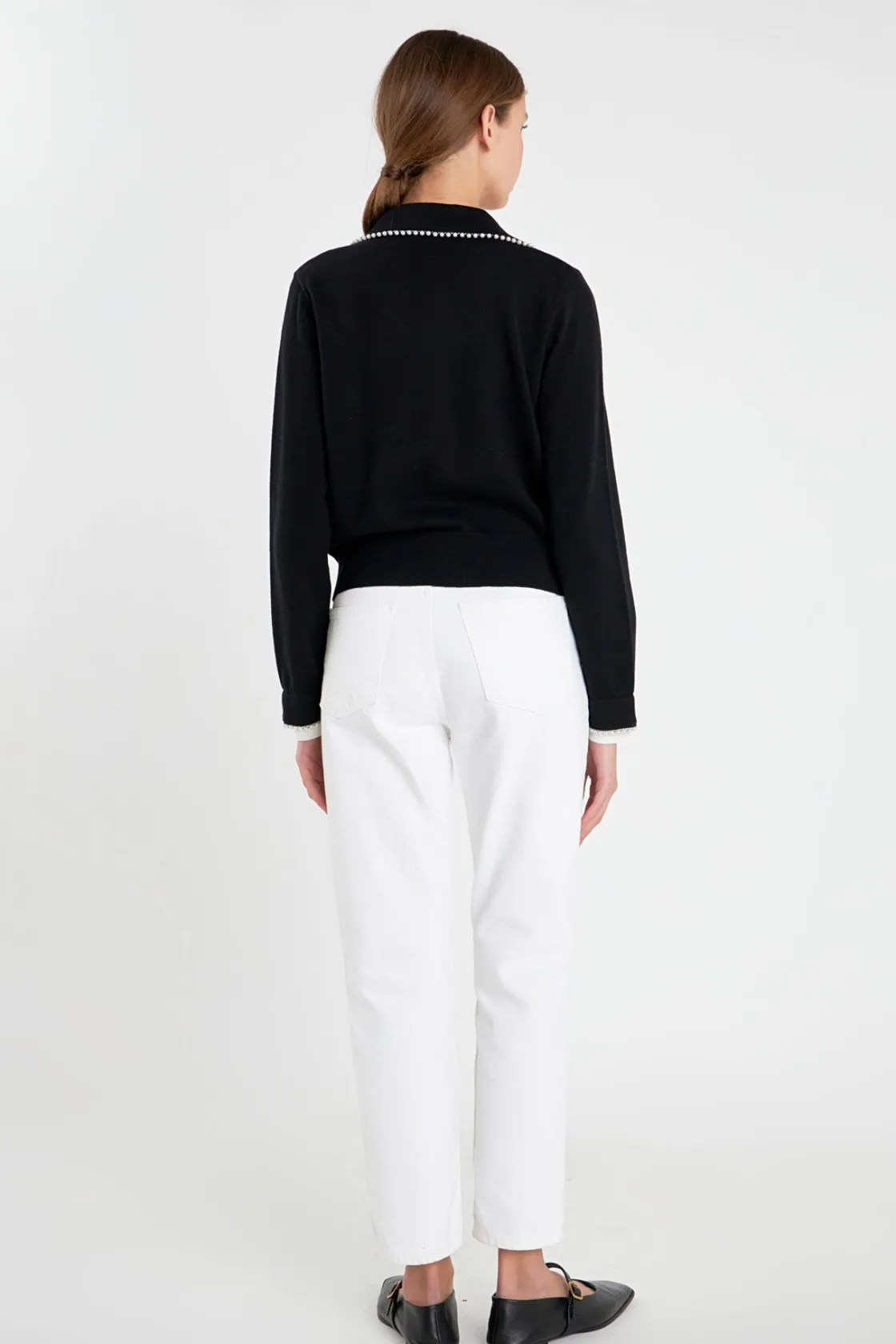 english_factory__pearl_tr_2.webp ENGLISH FACTORY Jackets & Coats | Tops*- Pearl Trim Vasity Cardigan BLACK/WHITE