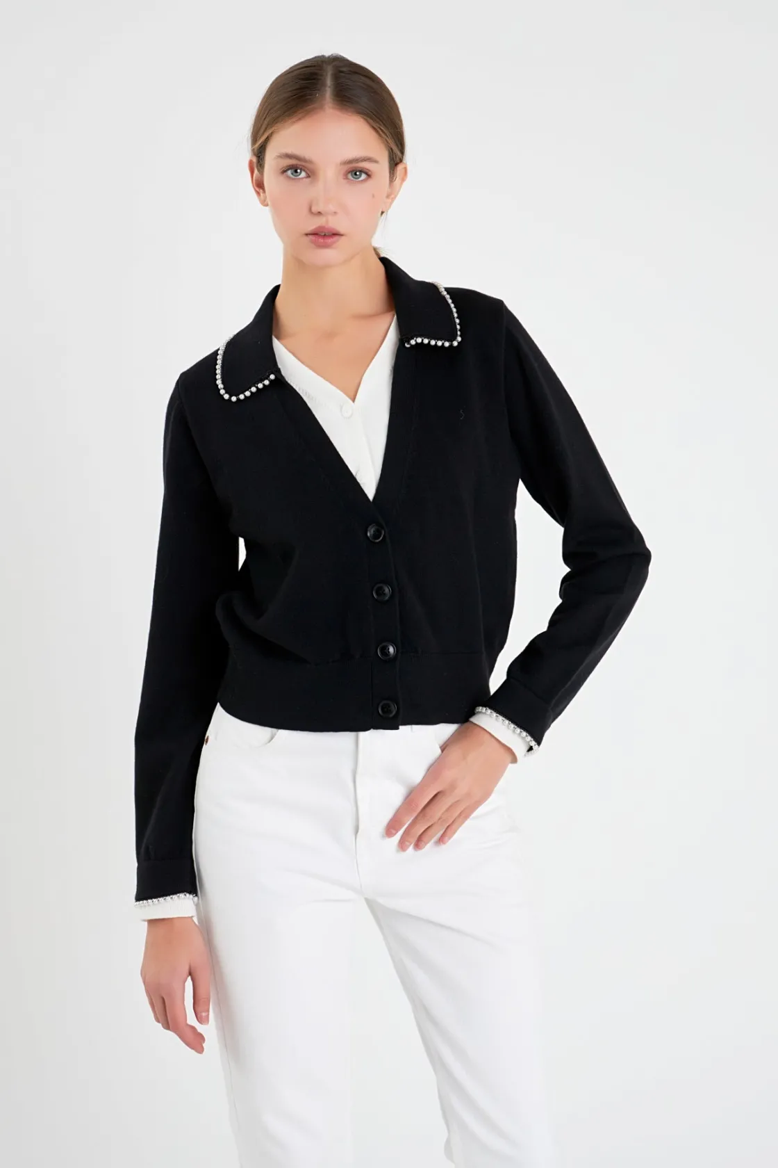 english_factory__pearl_tr_3.webp ENGLISH FACTORY Jackets & Coats | Tops*- Pearl Trim Vasity Cardigan BLACK/WHITE