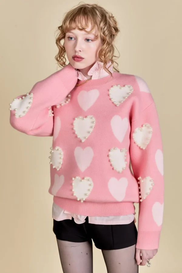 ENGLISH FACTORY Sweaters & Knits | Tops*- Pearl with Heart Pattern Sweater