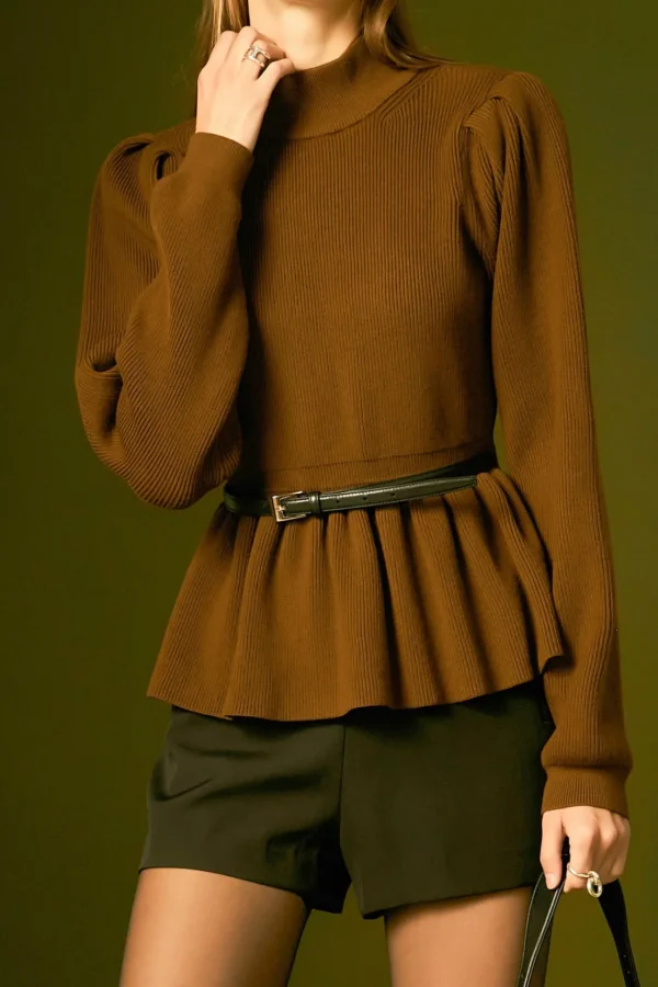ENGLISH FACTORY Tops*- Peplum Waist Knit Top BROWN
